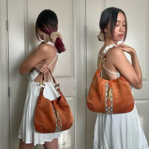 ✨GUCCI Suede Priston Lock Small Jackie O Hobo Shoulder Bag Burnt Orange - Picture 14 of 15